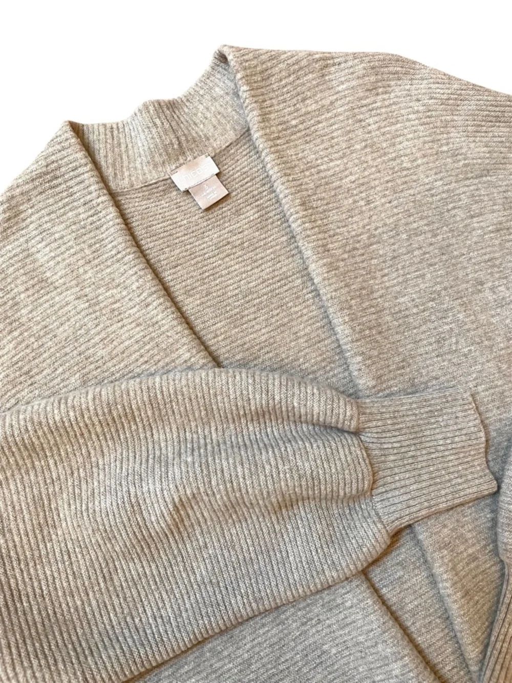 Chico’s 100% Cashmere Long Cardigan Size 3 Taupe Ribbed Open Front Minimalist XL
